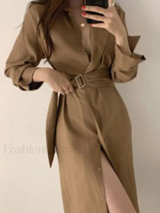 Belted Long Sleeve Shirt Midi Dress Caramel / ONE SIZE Midi Dresses