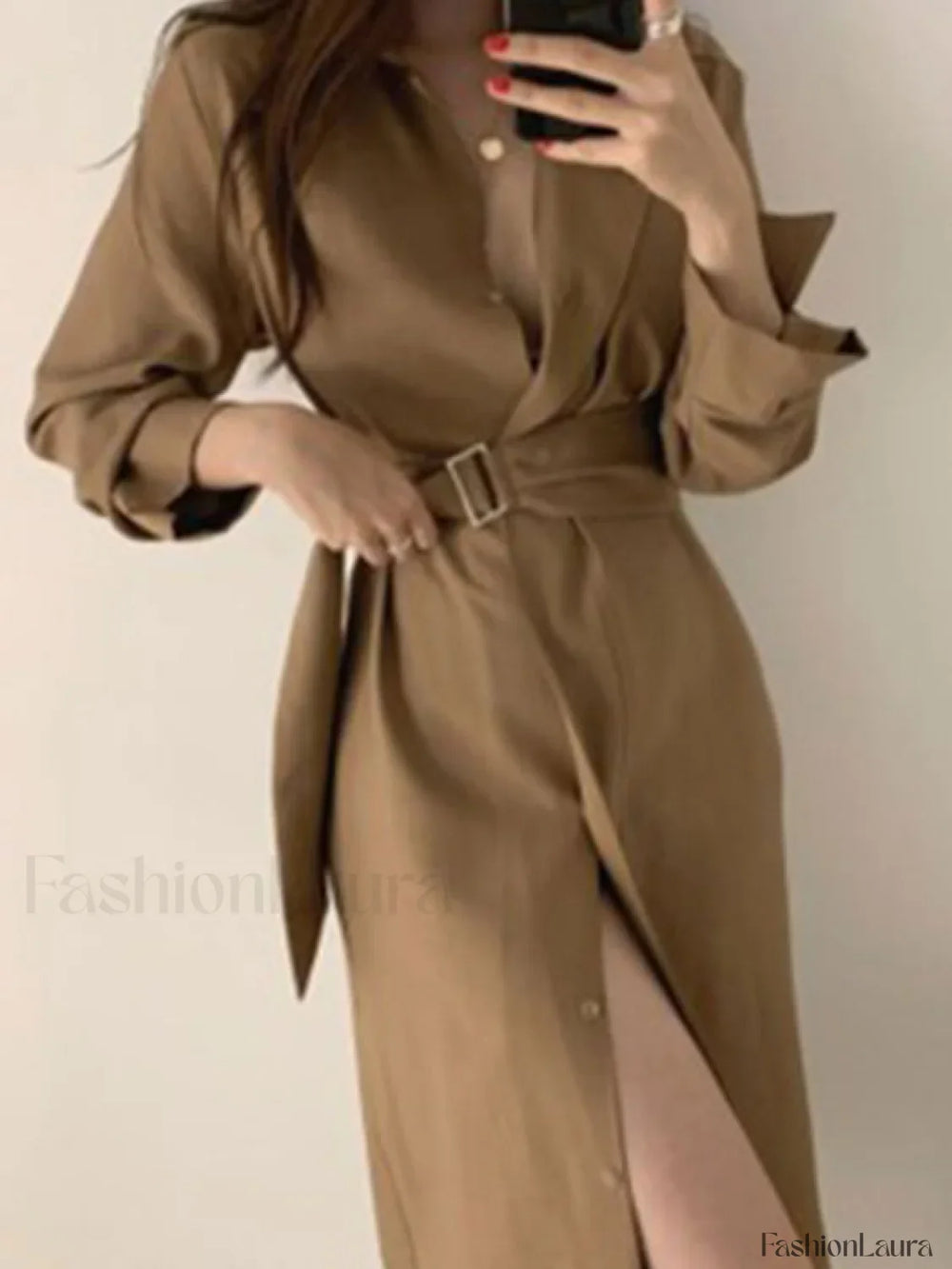 Belted Long Sleeve Shirt Midi Dress Caramel / ONE SIZE Midi Dresses