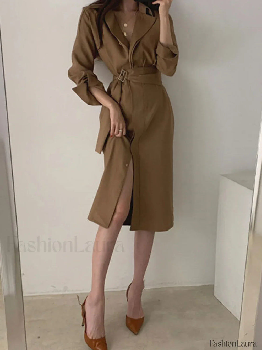Belted Long Sleeve Shirt Midi Dress Midi Dresses