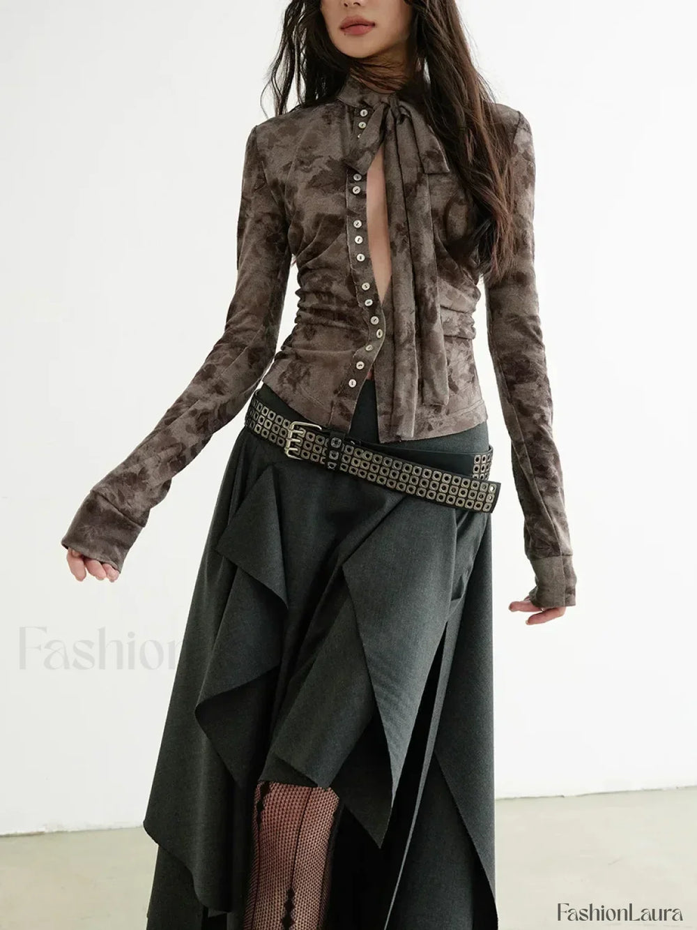 Belted Patchwork Loose Elegant Skirt