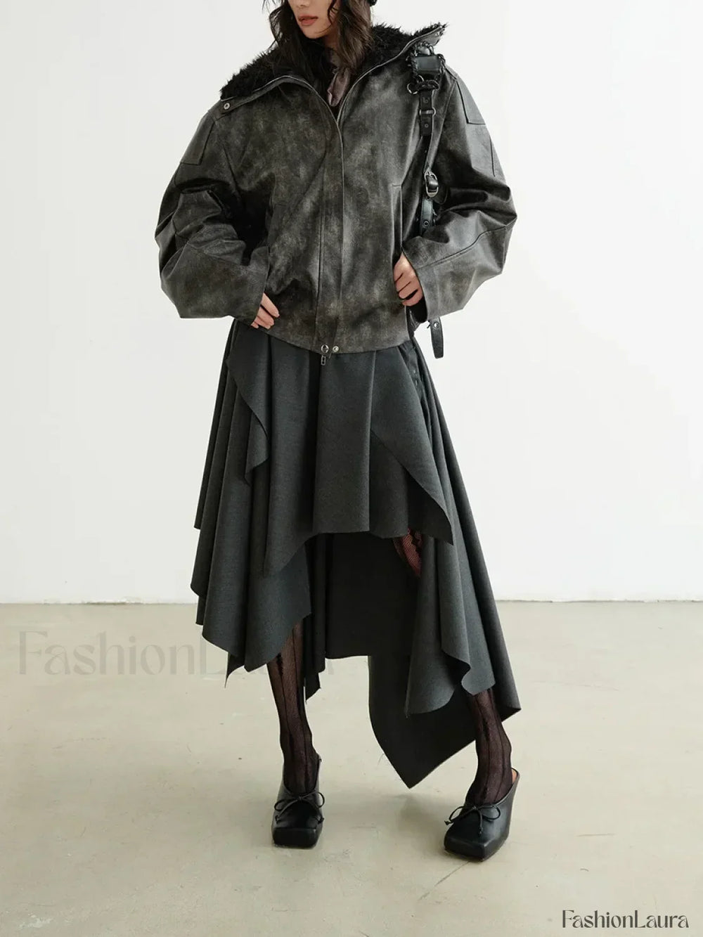Belted Patchwork Loose Elegant Skirt DARKGRAY / S