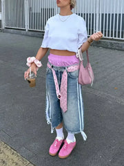 Bermuda Denim Mid Waist Side Stripes Print Wide Leg Short