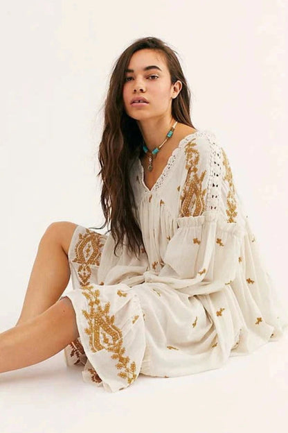 Floral Long Sleeve Midi Boho Dress Beige / S