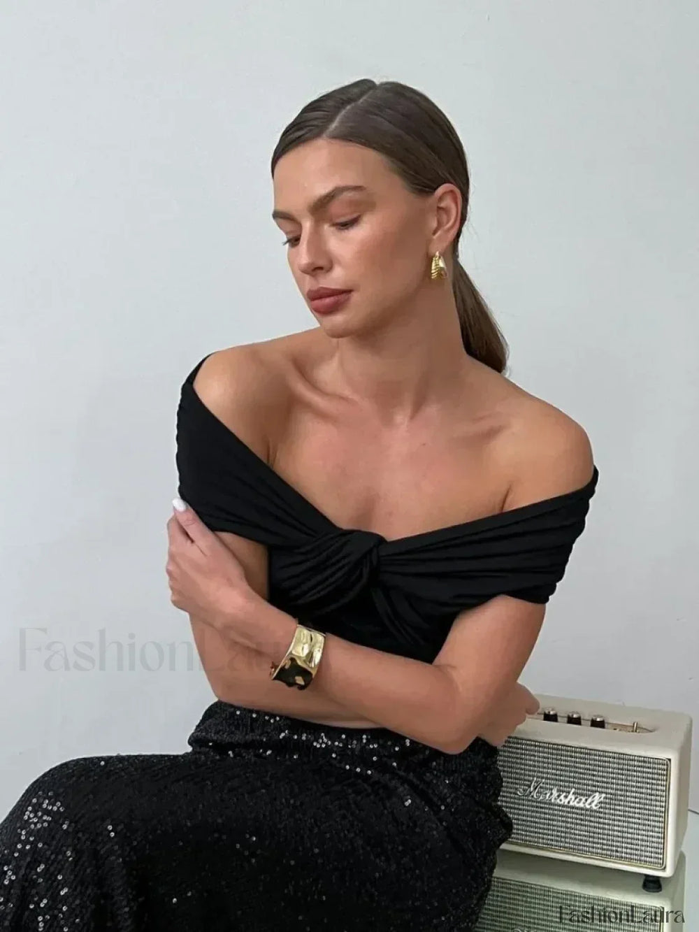 Black Crop Off Shoulder T Shirt Black / S