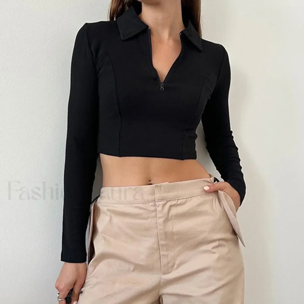 Black Long Sleeve Zipper Crop Top Casual Fashion T Shirt