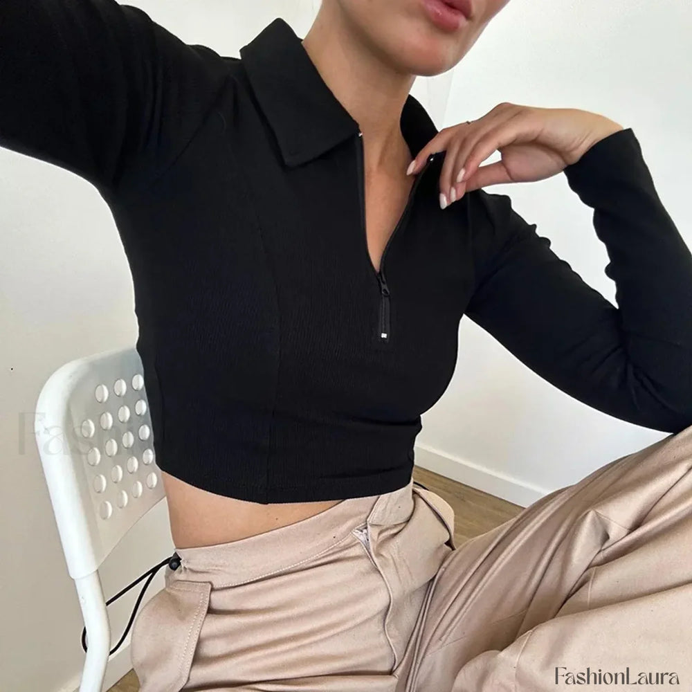 Black Long Sleeve Zipper Crop Top Casual Fashion T Shirt