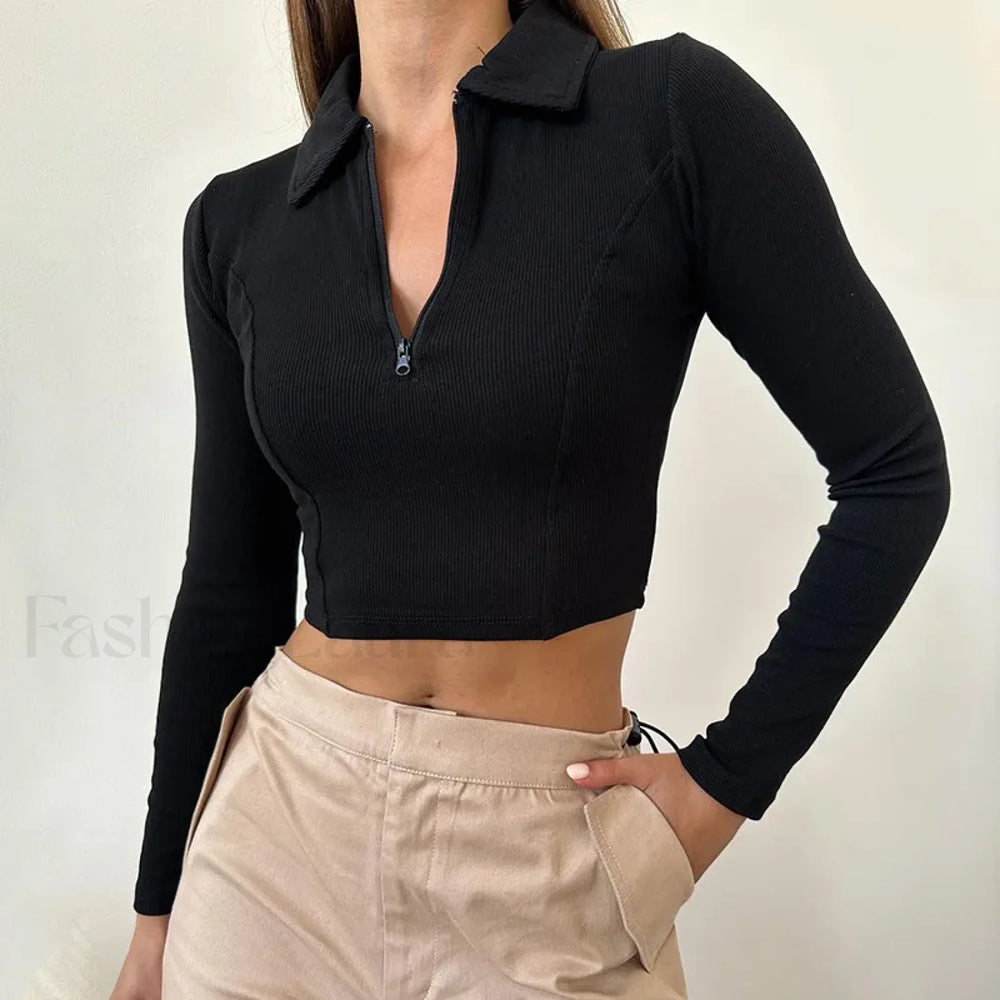 Black Long Sleeve Zipper Crop Top Casual Fashion T Shirt