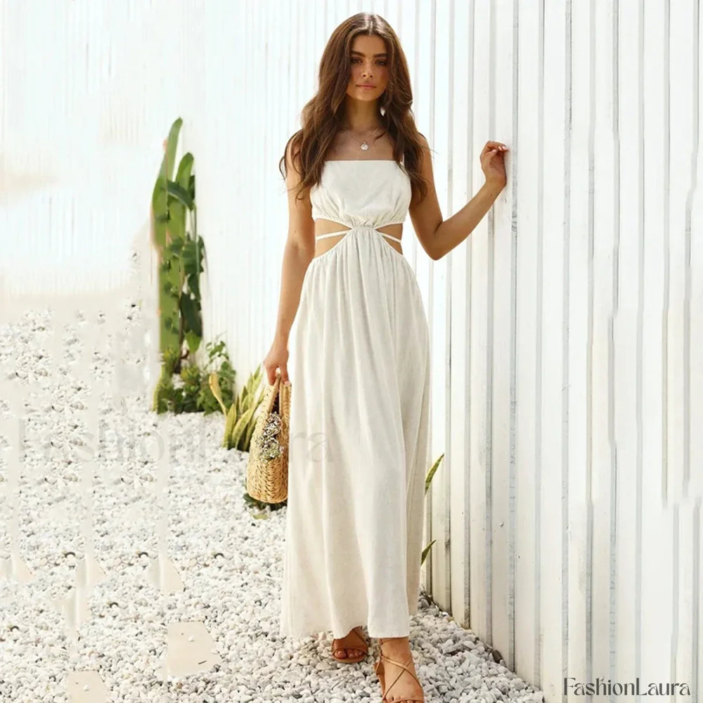 Black Ruffle Lace Up Midi Dress Beige / S