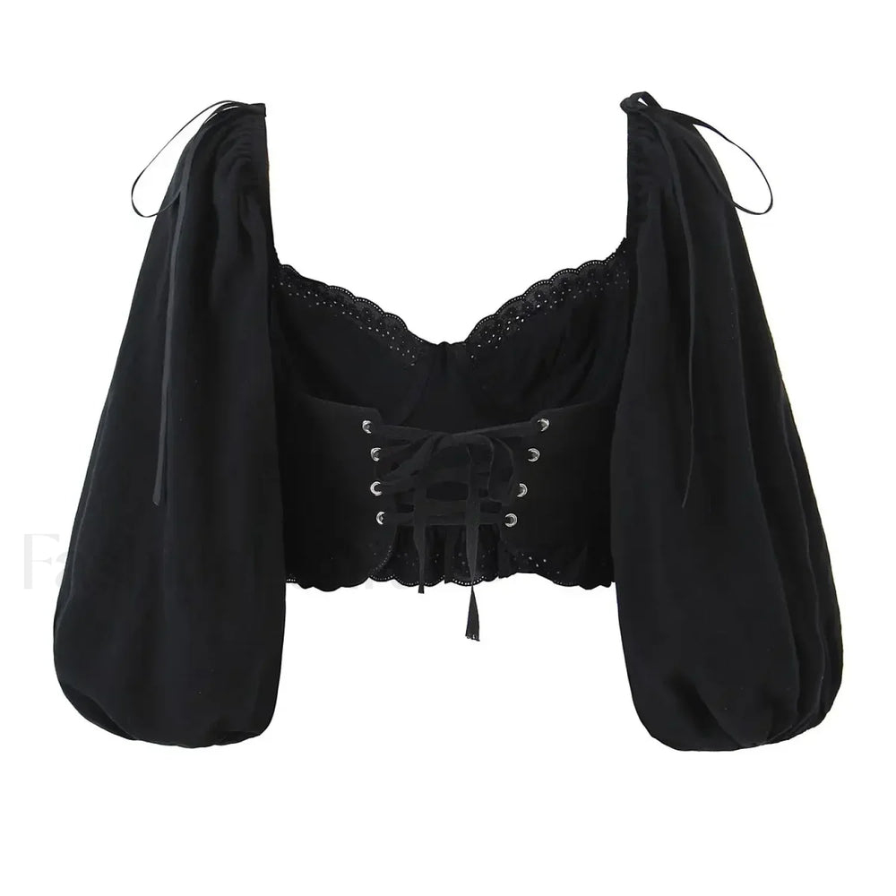 Black Wire Corset Cross Bandage Backless Cropped Tops Blouse