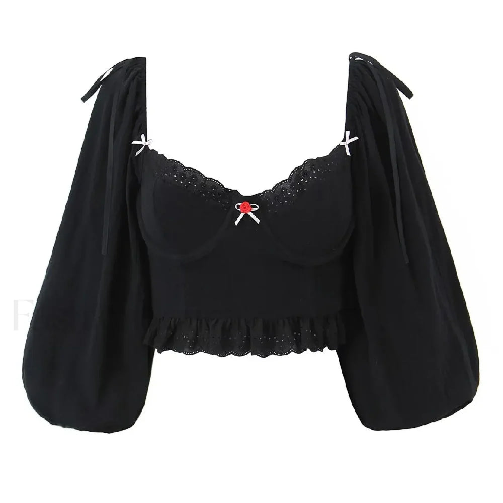 Black Wire Corset Cross Bandage Backless Cropped Tops Blouse Black / S