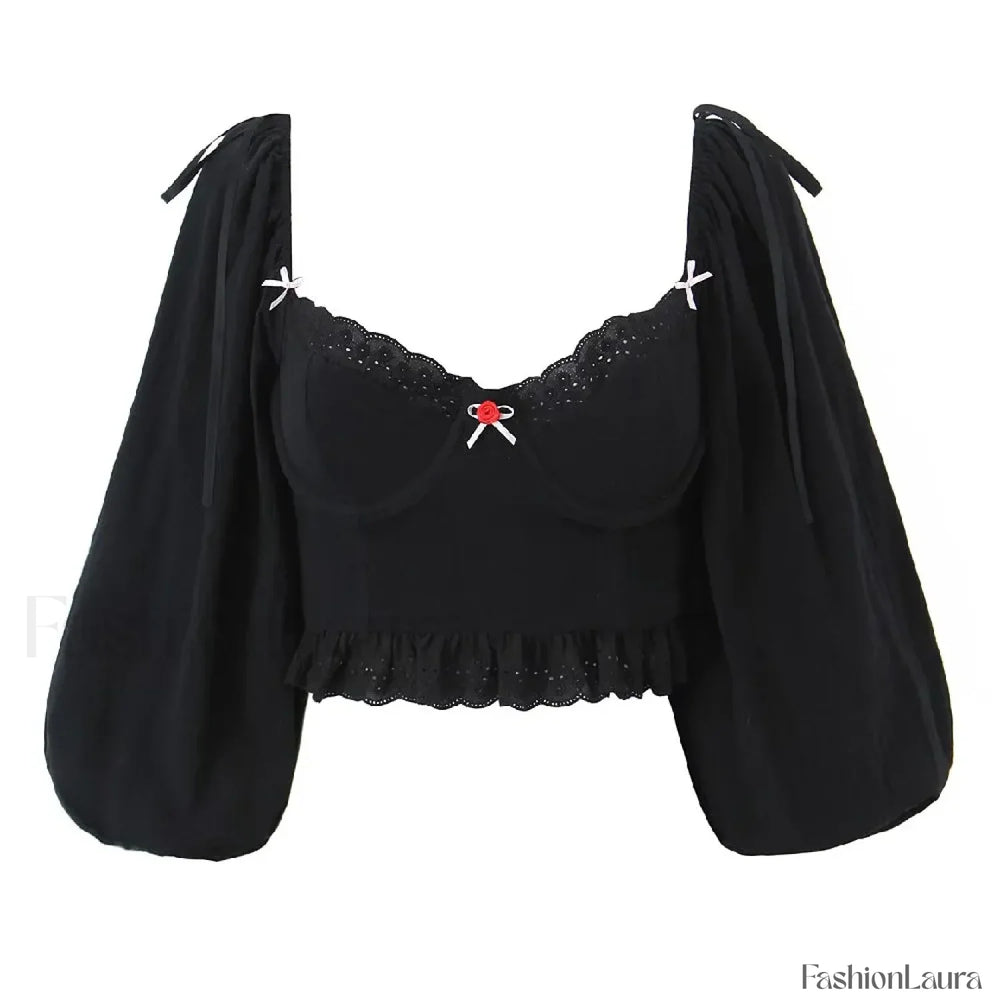 Black Wire Corset Cross Bandage Backless Cropped Tops Blouse Black / S