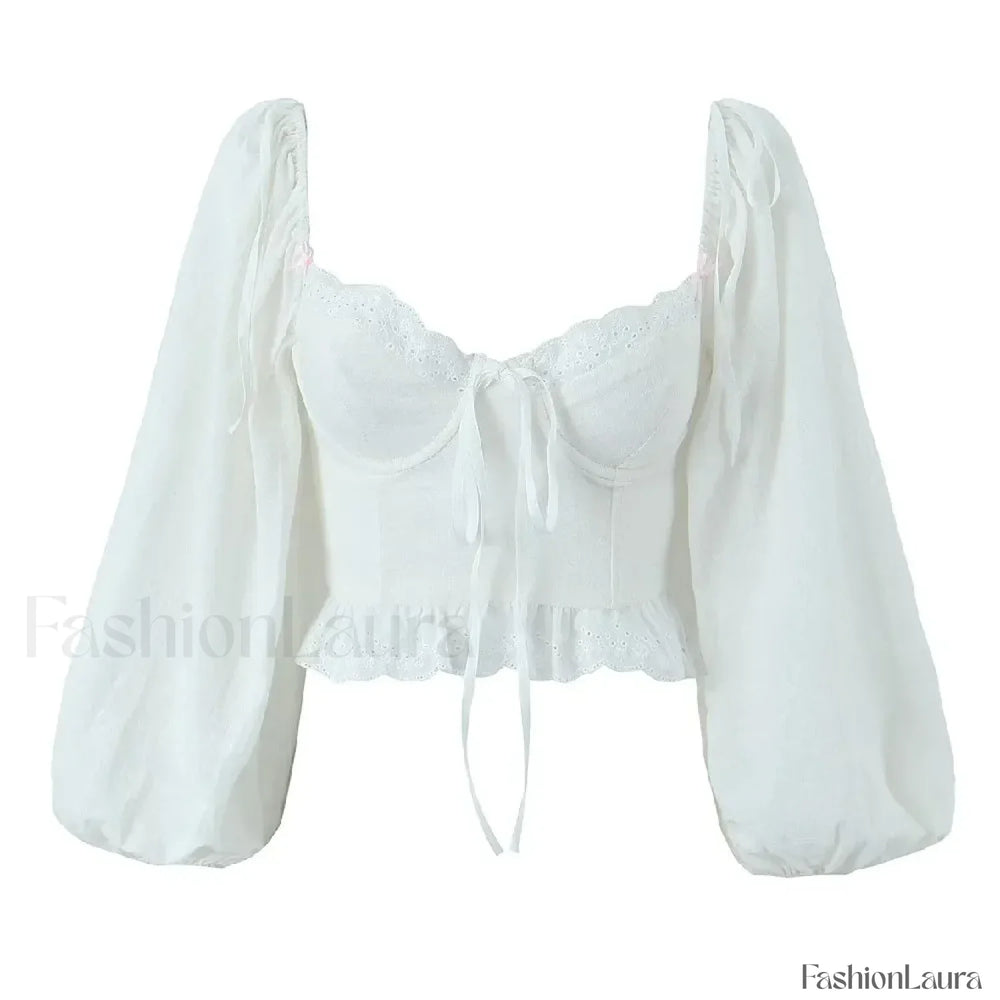 Black Wire Corset Cross Bandage Backless Cropped Tops Blouse WHITE / S