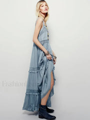 Blue Cotton Strap Maxi Boho Dress