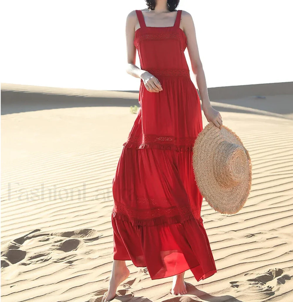 Blue Cotton Strap Maxi Boho Dress Red / S