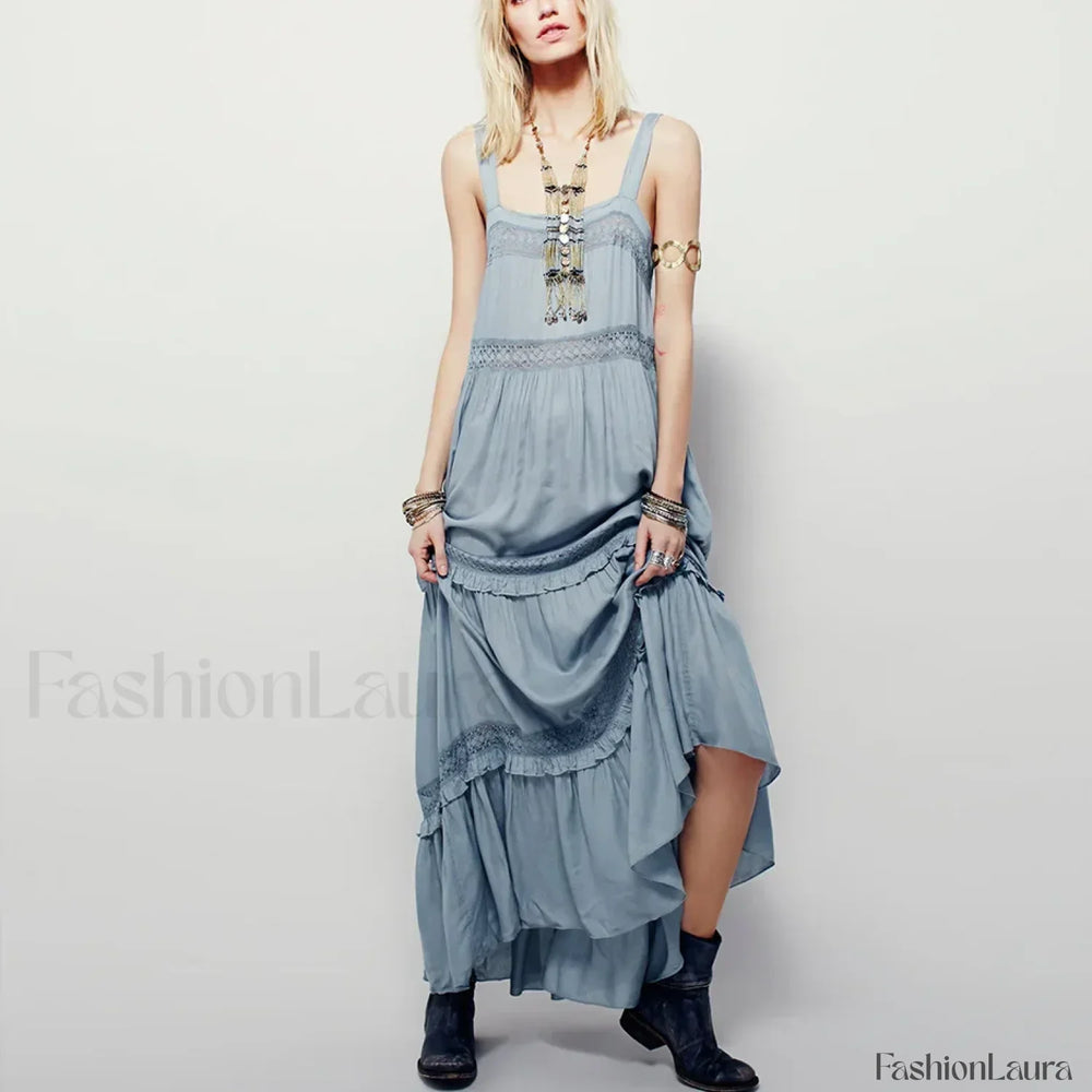 Blue Cotton Strap Maxi Boho Dress Blue / S