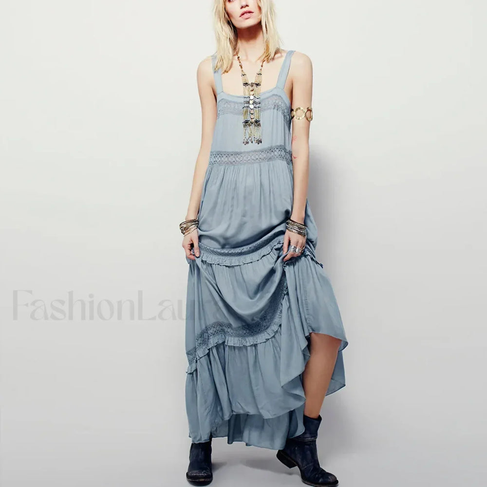 Blue Cotton Strap Maxi Boho Dress Blue / S