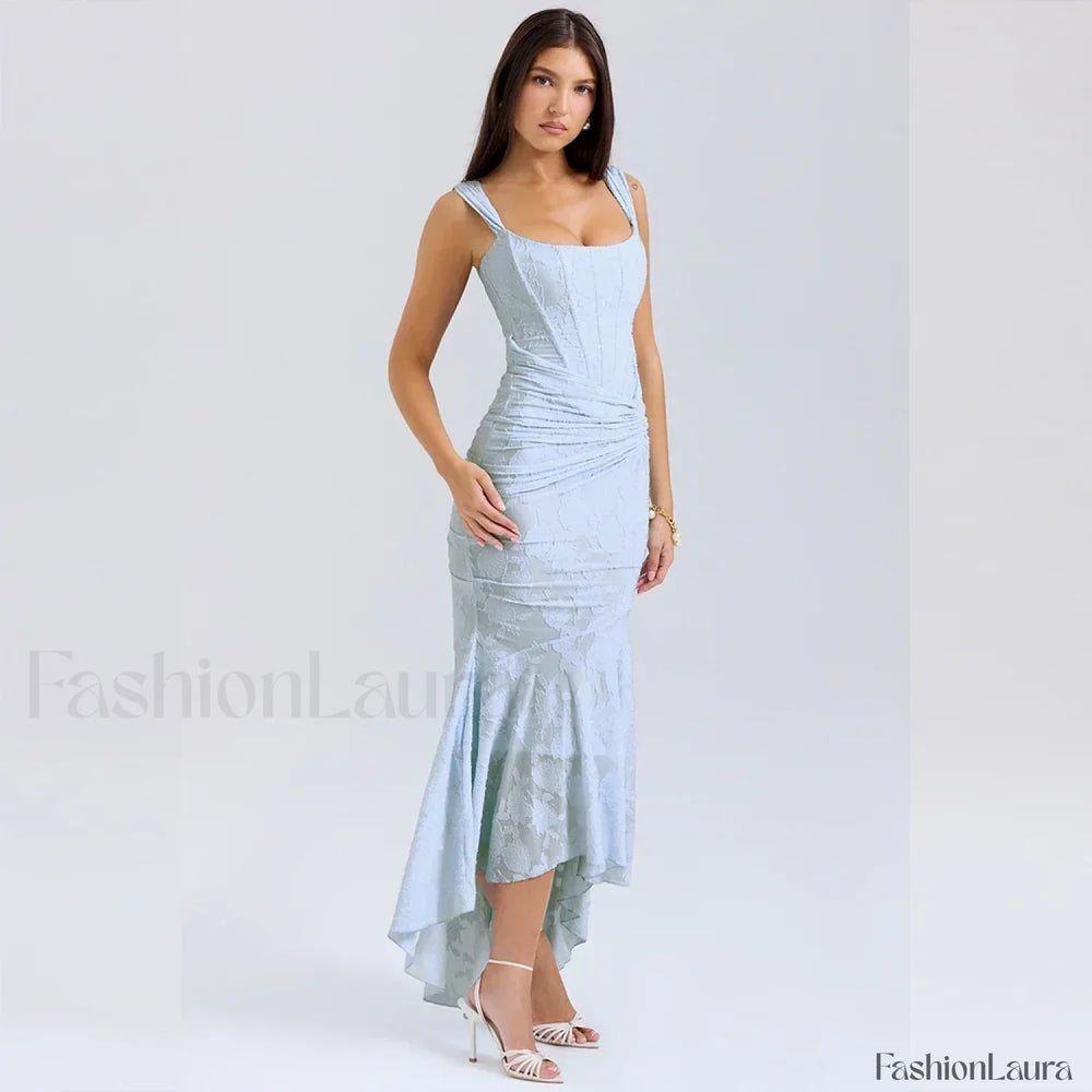 Blue Floral Gathered Maxi Dress