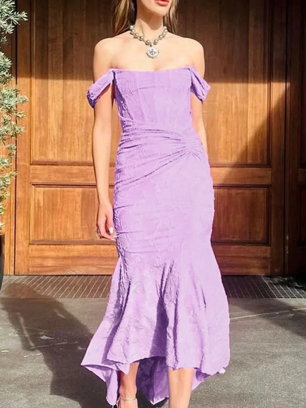 Blue Floral Gathered Maxi Dress Lavender / XS