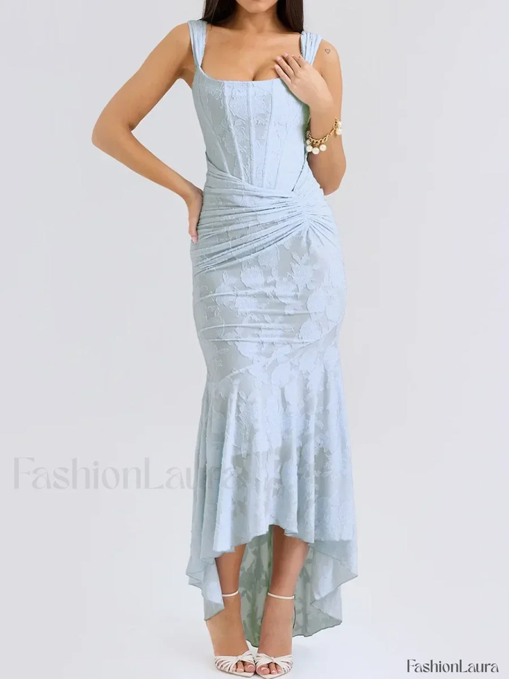 Blue Floral Gathered Maxi Dress Blue / XS