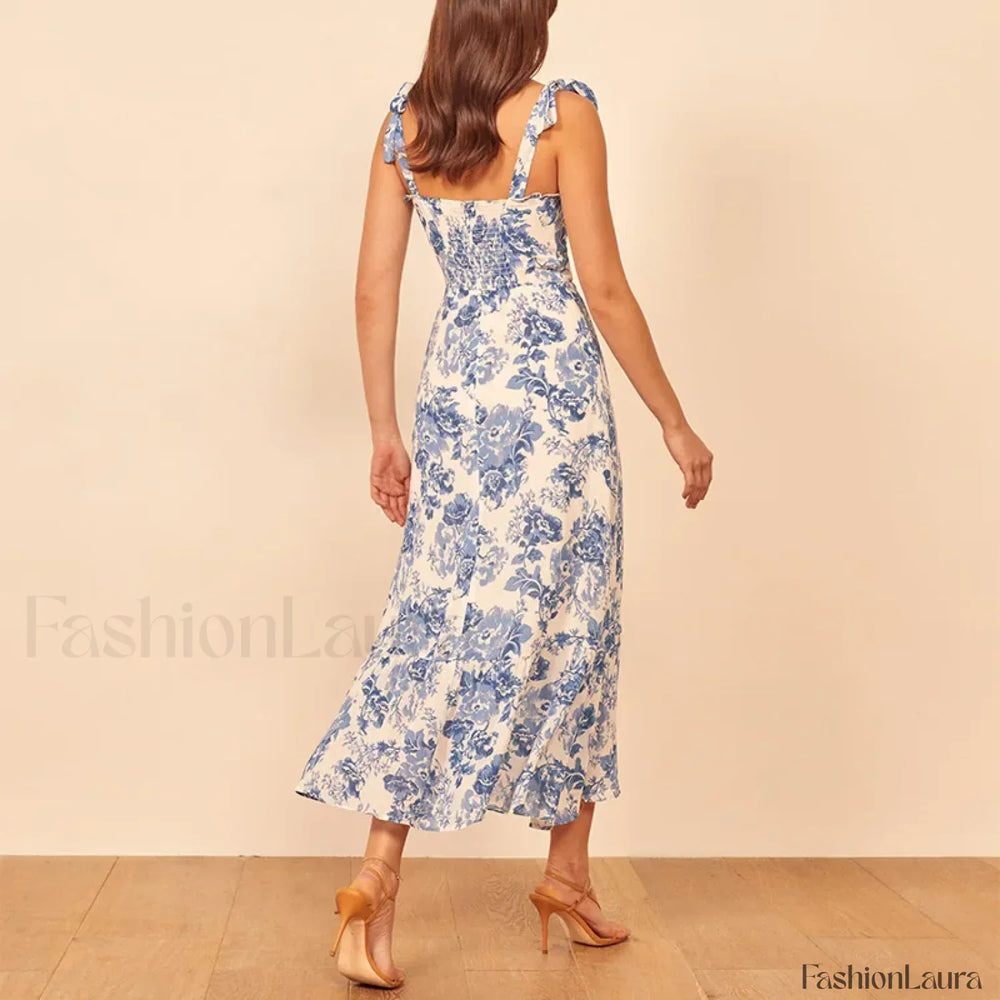 Blue Floral Tie Strap Midi Dress