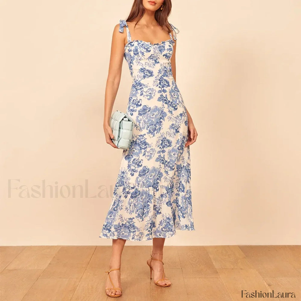 Blue Floral Tie Strap Midi Dress Blue / S
