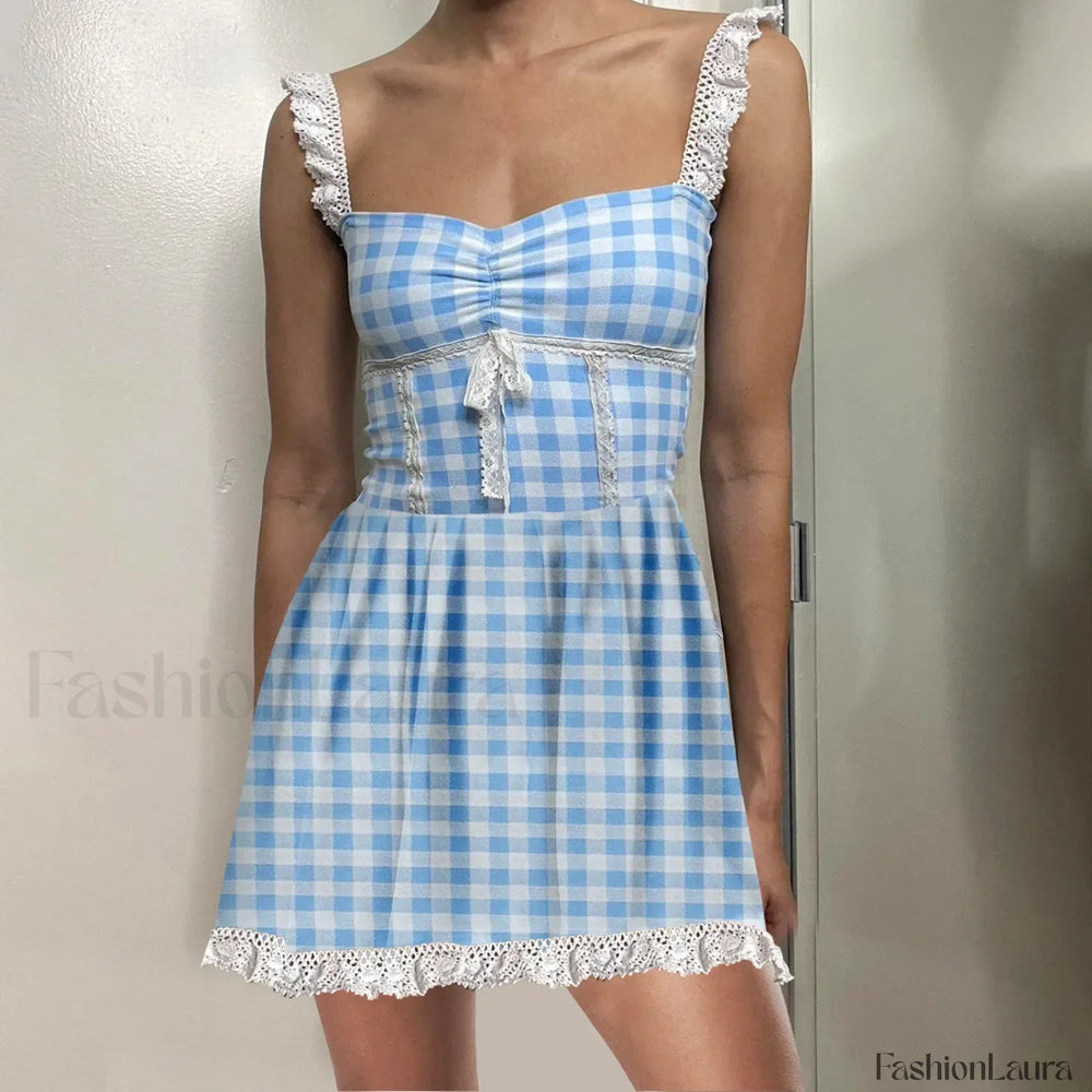 Blue Gingham Babydoll Mini Dress SKY BLUE / S