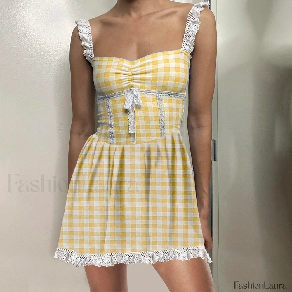 Blue Gingham Babydoll Mini Dress Yellow / S