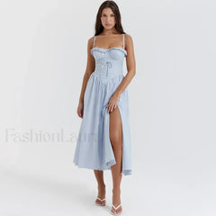 Blue High Split Lace Up Midi Dress blue / XS