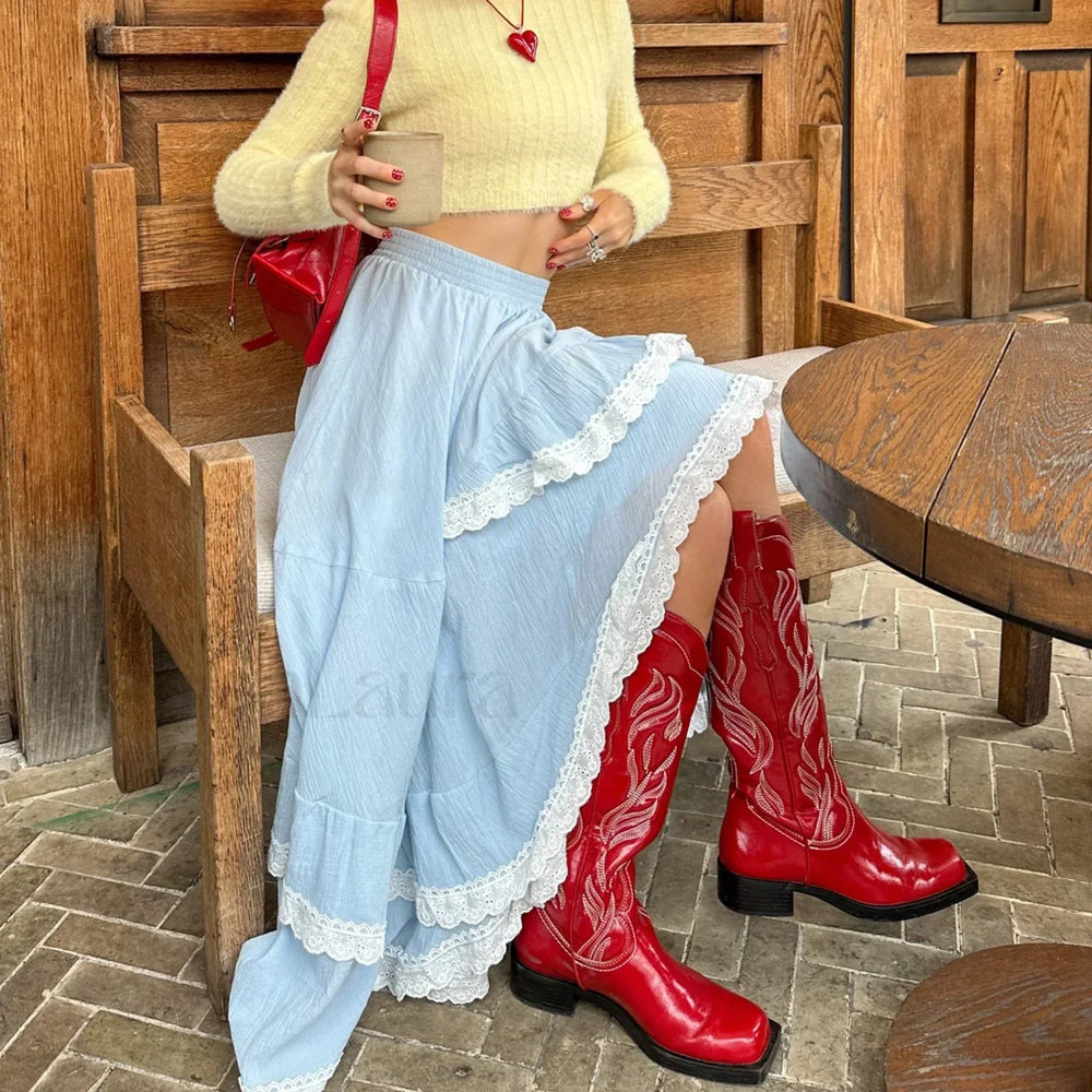 Blue Lace Patchwork Asymmetric Skirt