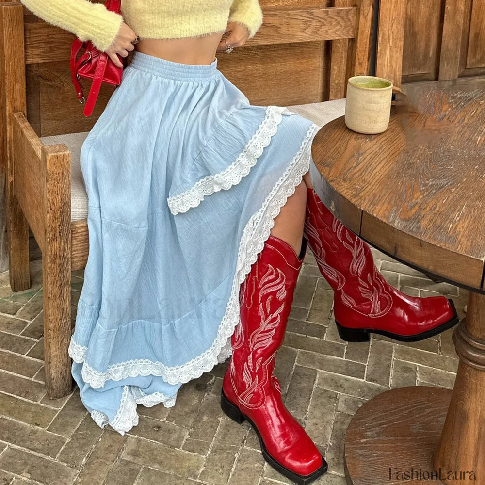 Blue Lace Patchwork Asymmetric Skirt Blue / S