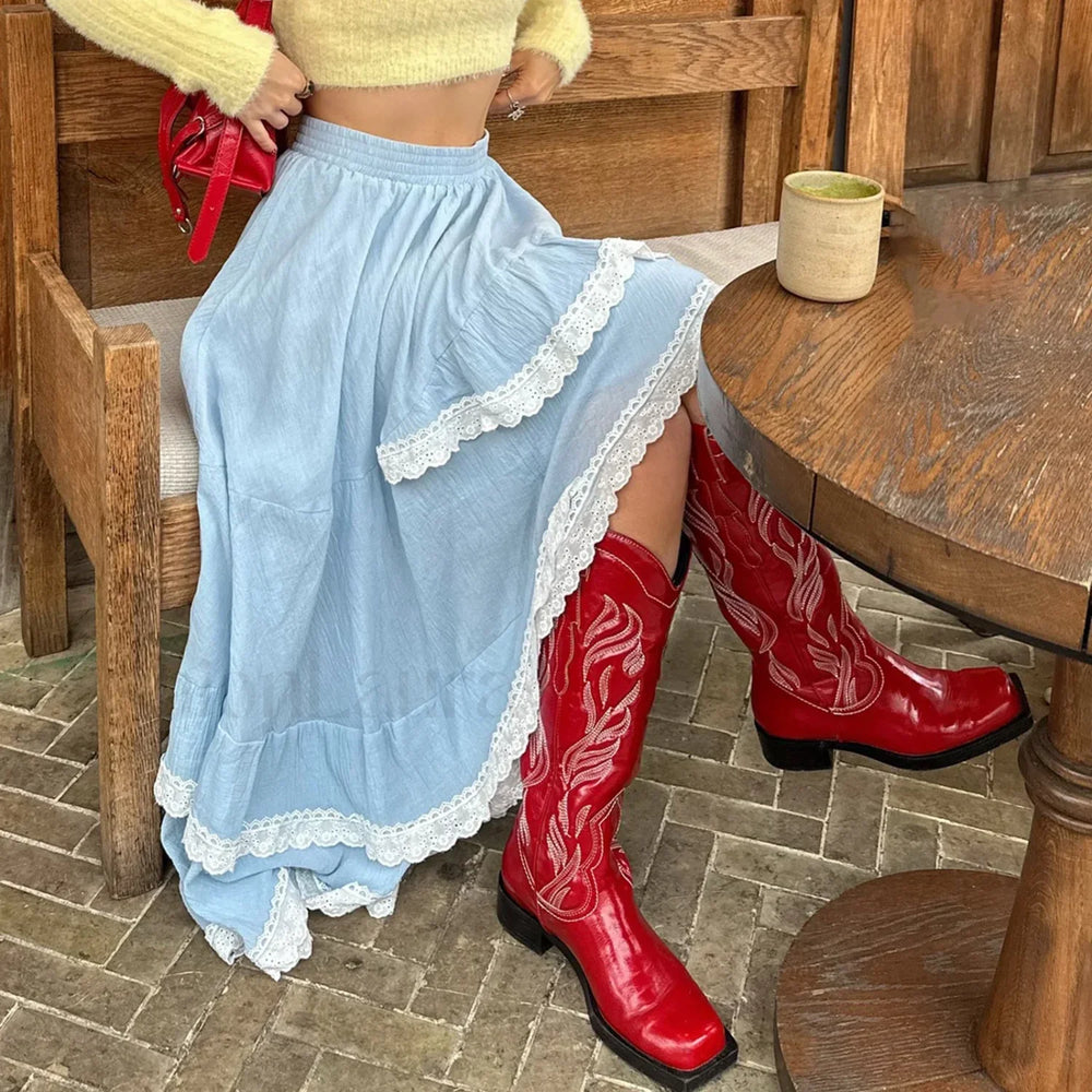 Blue Lace Patchwork Asymmetric Skirt Blue / S