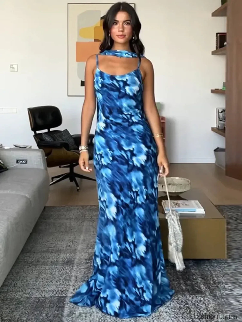 Blue Lace Up Maxi Floral Dress