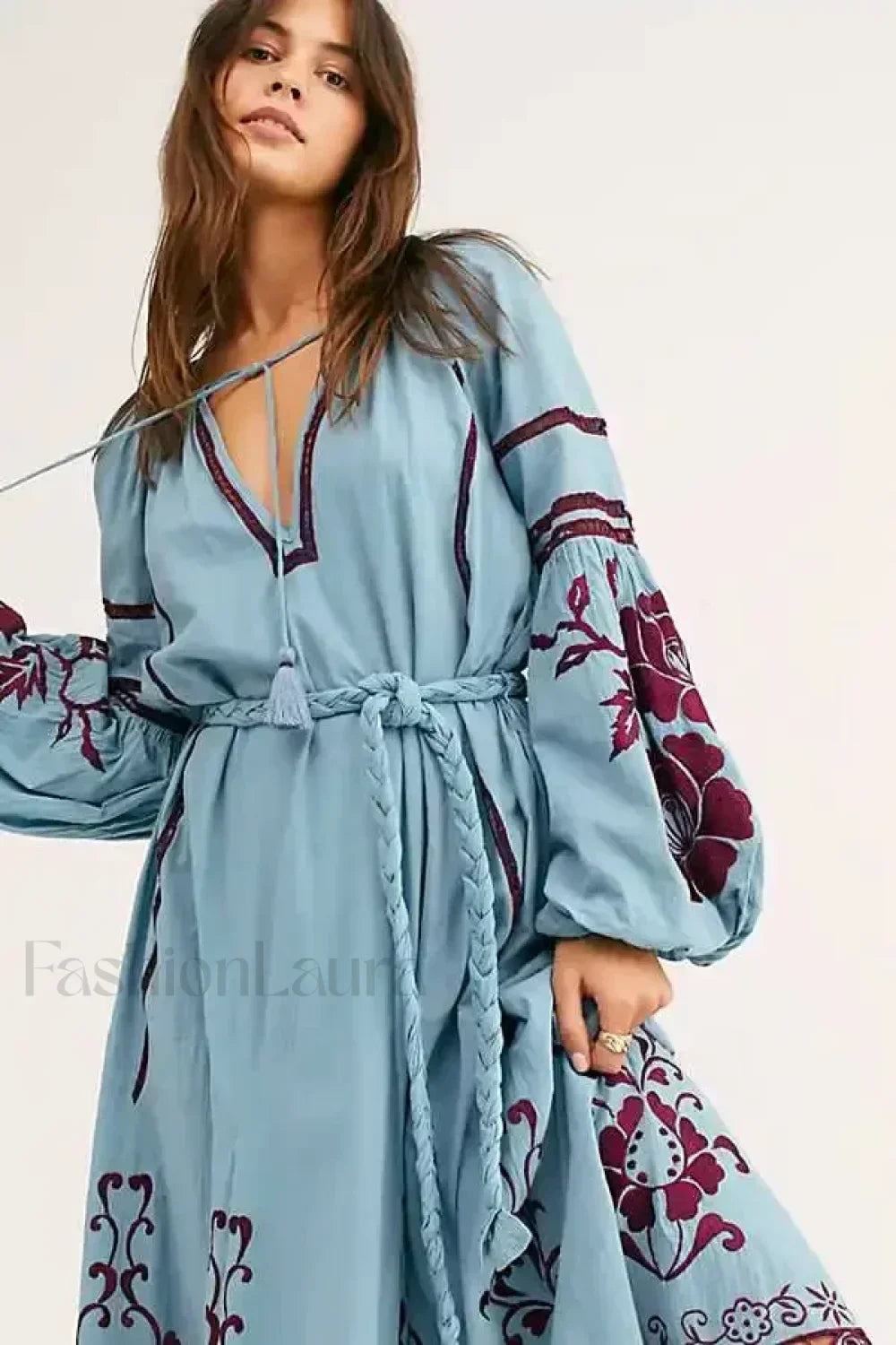 Blue Lantern Sleeve Tunic Boho Dress