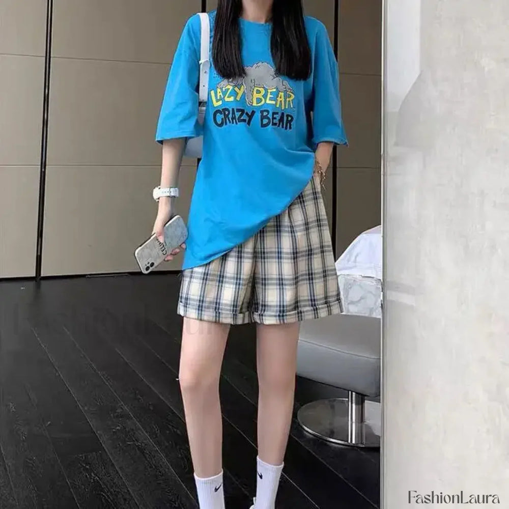 Blue Plaid Loose Straight Leg High Waist Casual Short