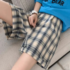 Blue Plaid Loose Straight Leg High Waist Casual Short Blue plaid / S