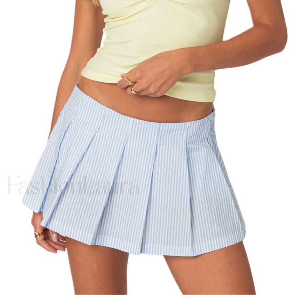 Blue Pleated Striped Skirt