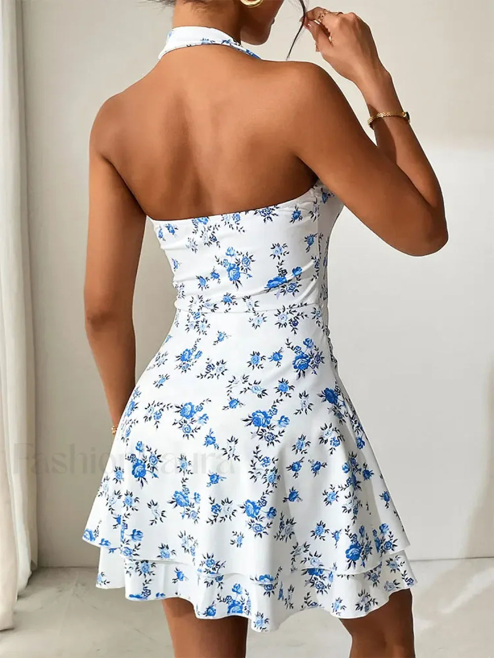 Blue Printed V Neck Mini Dress