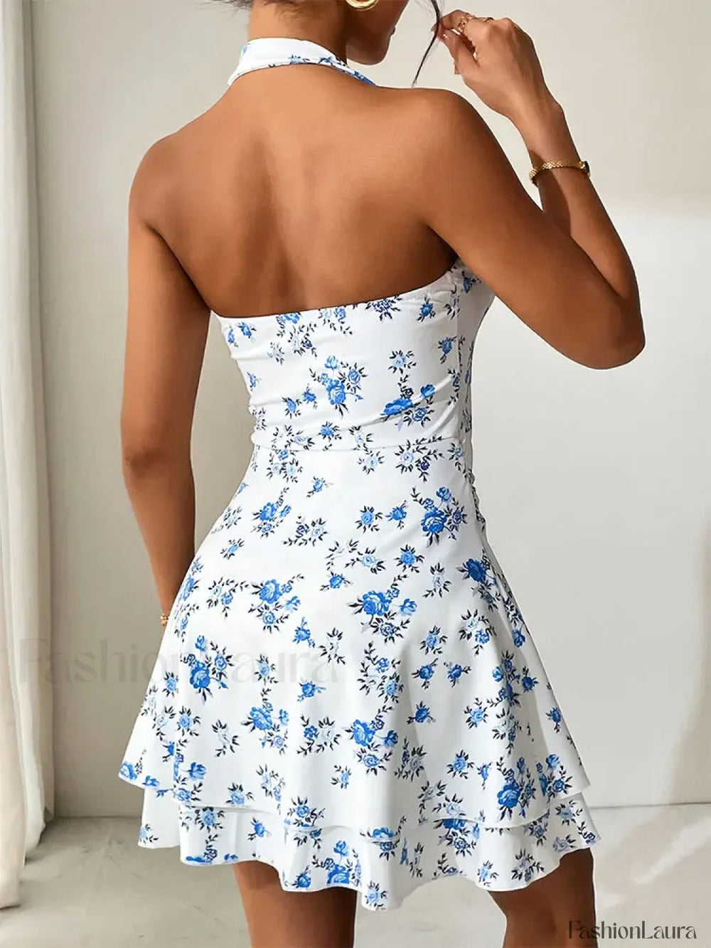 Blue Printed V Neck Mini Dress