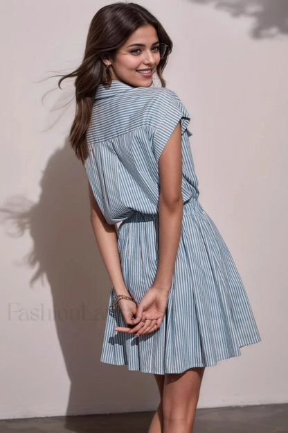 Blue Striped Collared Short Sleeve Bodycon Work Dress