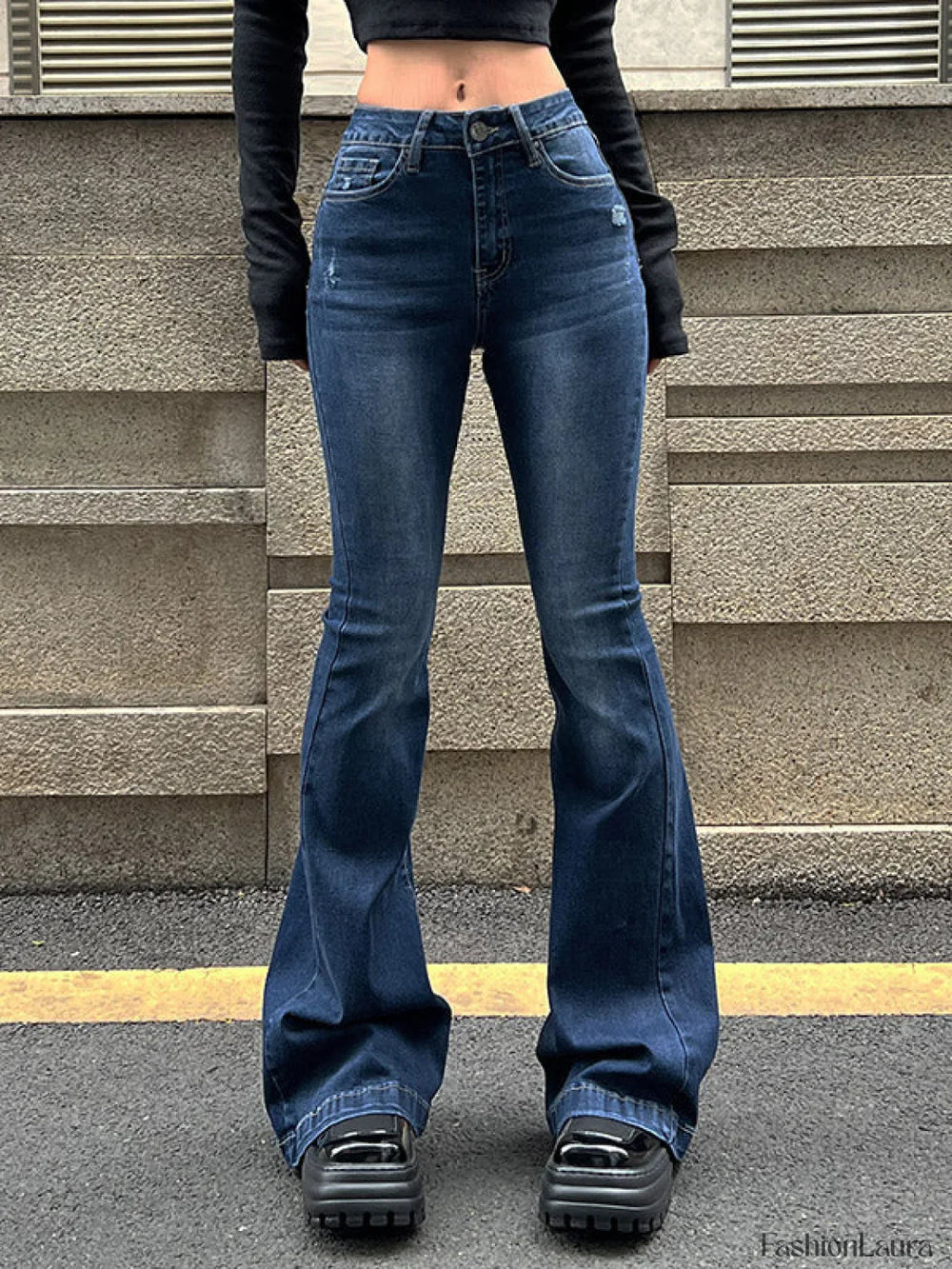 Blue Wash Distressed Stretch Flare Jeans Flare Jeans