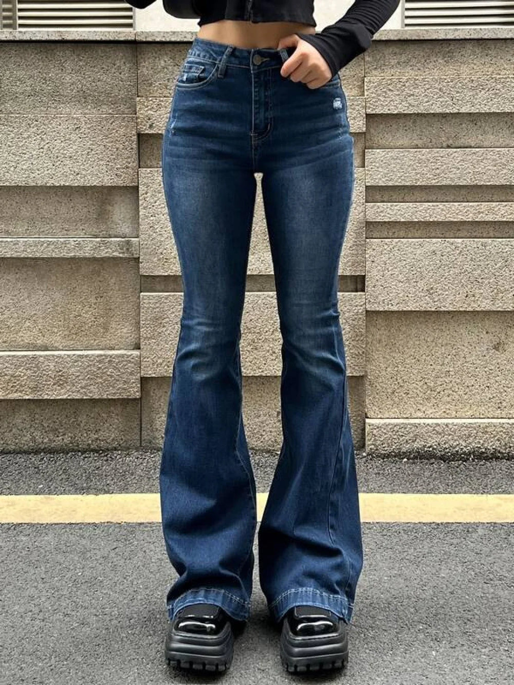 Blue Wash Distressed Stretch Flare Jeans Blue / S Flare Jeans