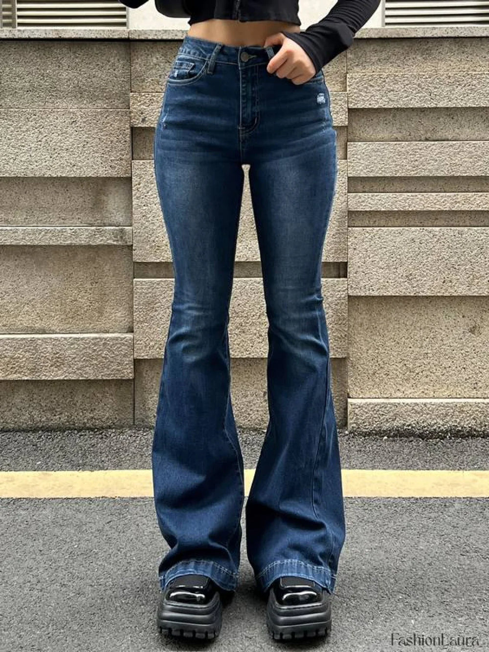 Blue Wash Distressed Stretch Flare Jeans Blue / S Flare Jeans