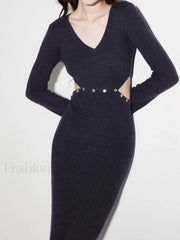 Bodycon V neck Cut Out Patchwork Button Sophisticated Detail Slit Long Sleeve Sweater Dress Sweaters L