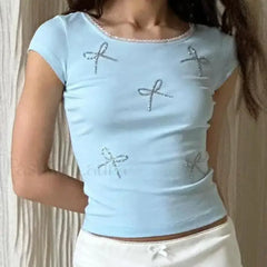 Bohemia Fashion Crew Neck Diamond T Shirt Blue / S