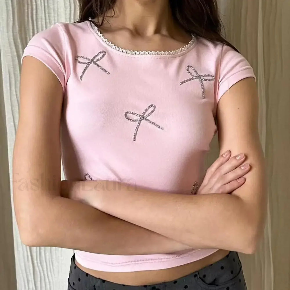 Bohemia Fashion Crew Neck Diamond T Shirt Pink / S