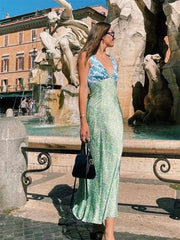 Bohemian Floral Print Deep V Neck Bodycon Floral Dress Green / S