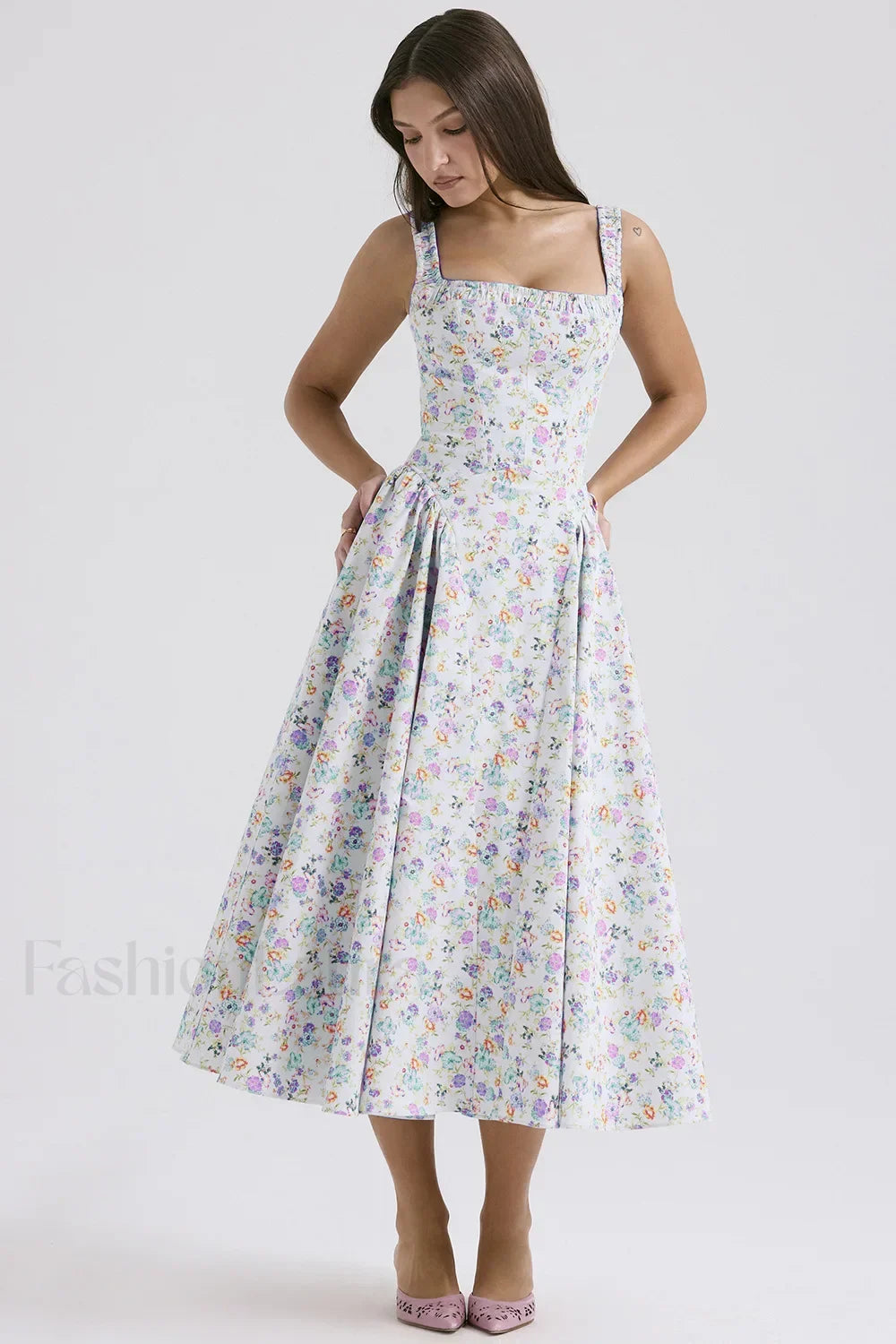Bohemian Fragmented Flower Midi Dress Light Purple / S