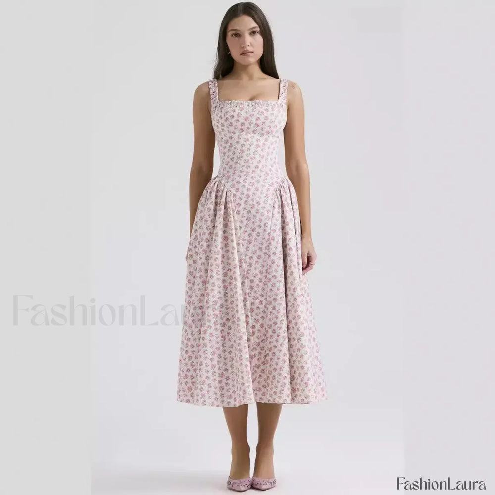 Bohemian Fragmented Flower Midi Dress Pink / S