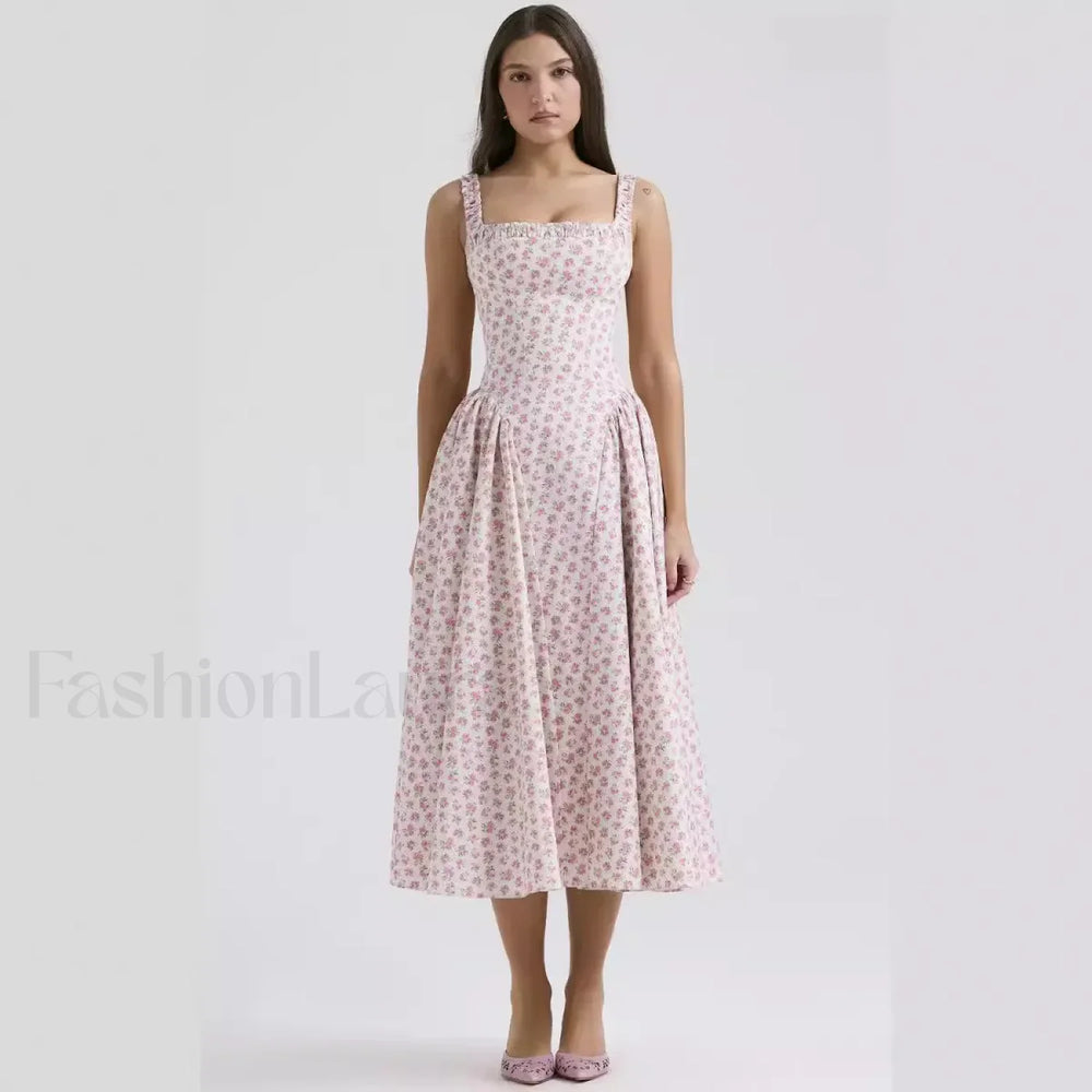 Bohemian Fragmented Flower Midi Dress Pink / S