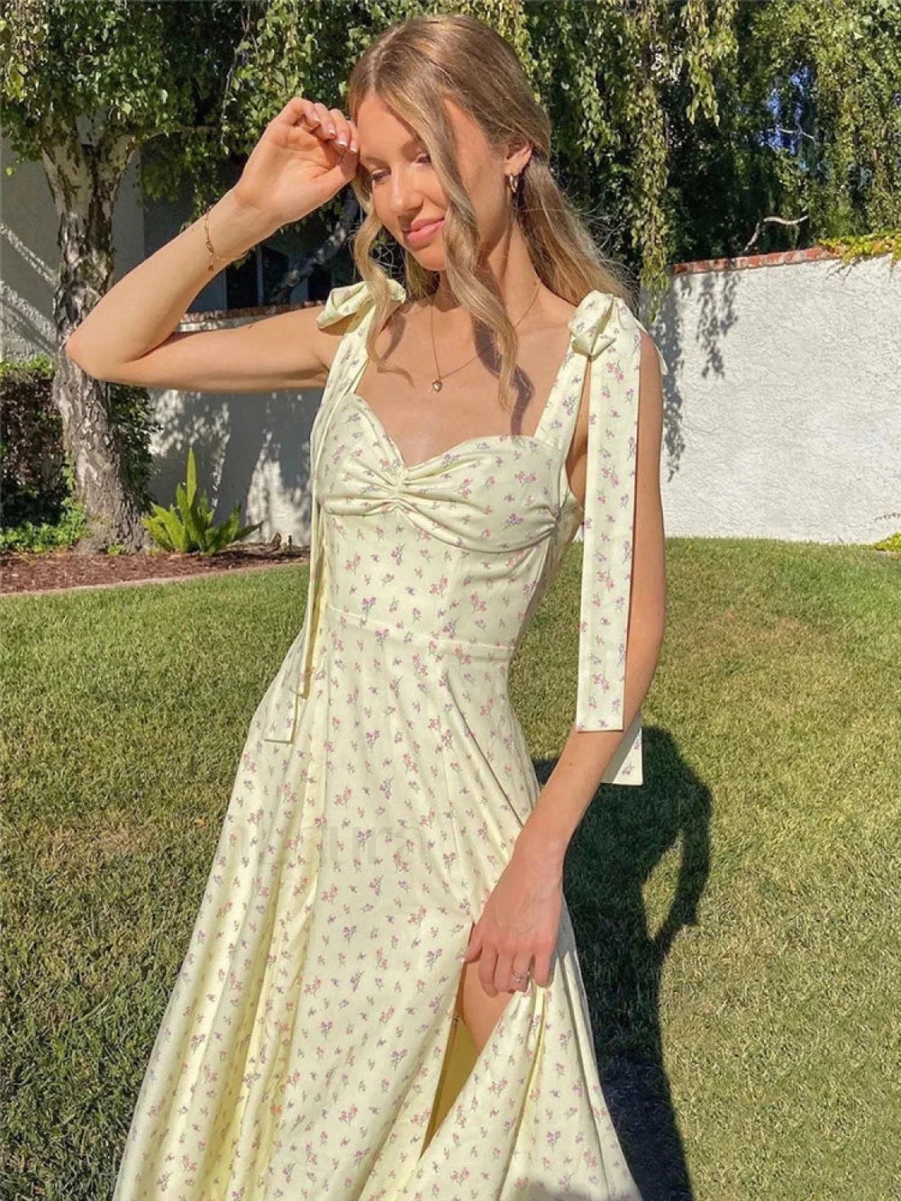 Boho Backless Strappy Floral Dress Yellow / S